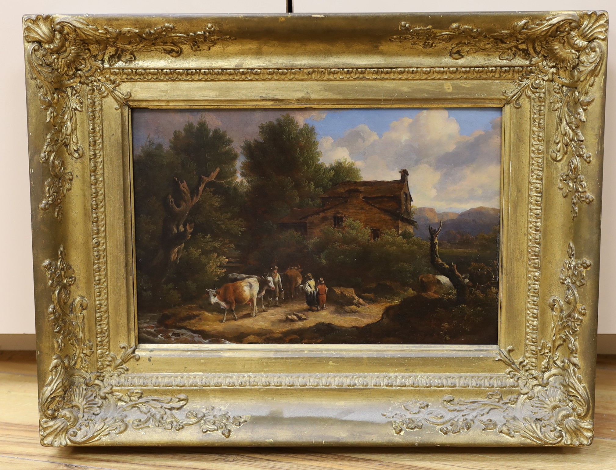Early 19th century Continental School, oil on wooden panel, Cattle drover in a landscape, 24 x 37cm